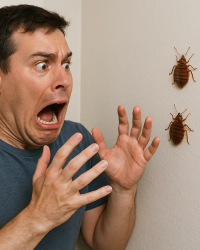 Person screaming at bed bugs (AI generated)